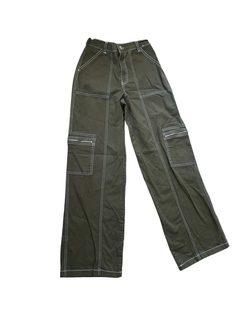 Rachel Paige Wide Leg Cargo Pants with Contrast Stitching — Olive